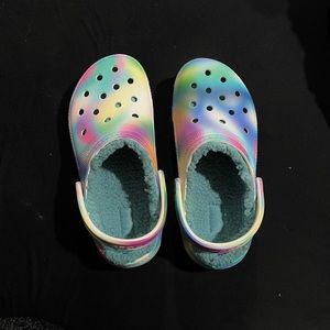 Brand new unworn tie dye fuzzy crocs
